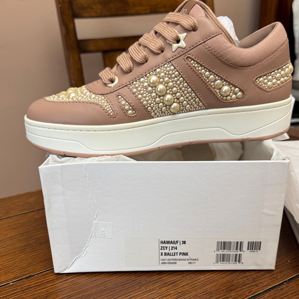Jimmy Choo Women’s Ballet Pink Pearl-Embellished Platform Sneakers sz 38 *NEW*